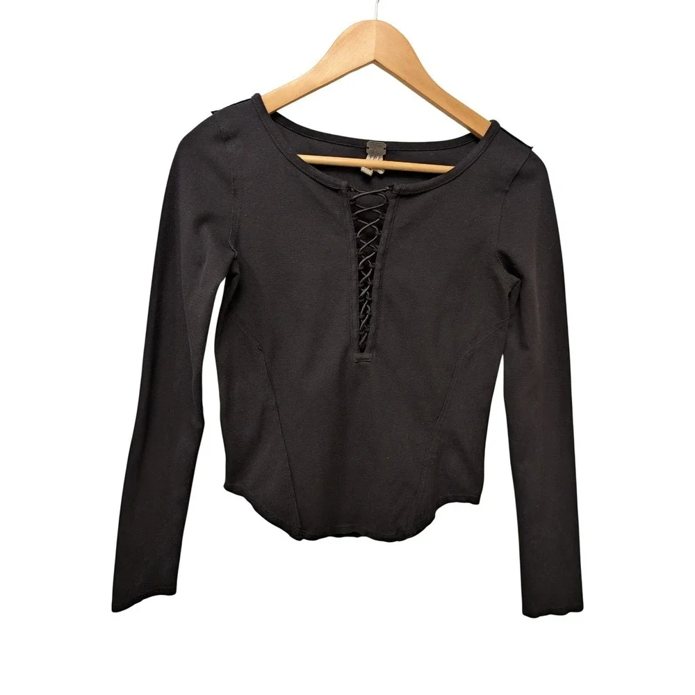 We The Free Free People Jacqui Lace-Up Front Long‎ Sleeve Top XS Black Grunge